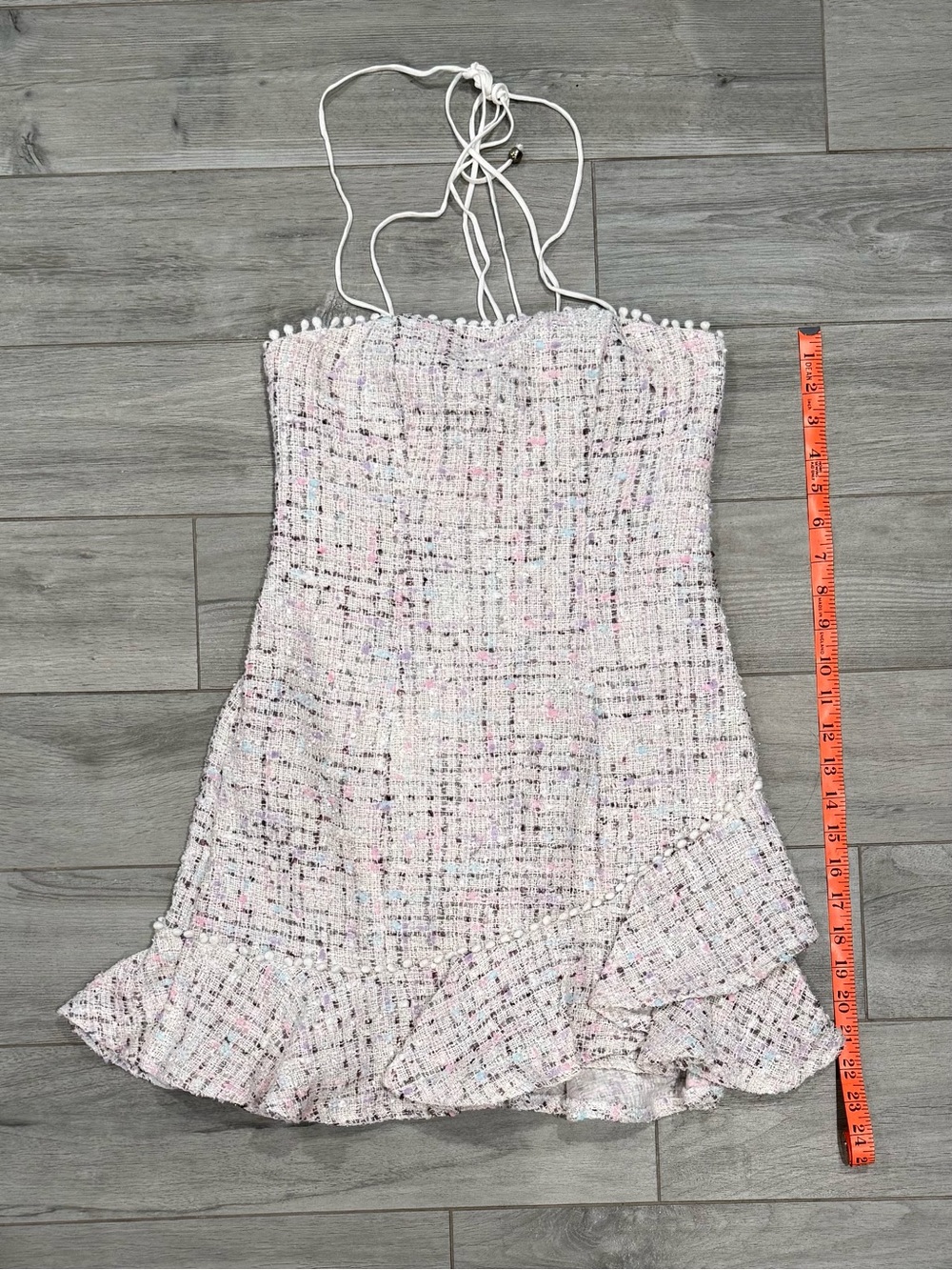 White Speckled Tweed Mini Dress with Ruffle Hem
